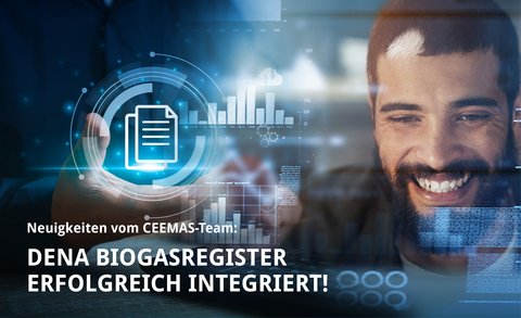 Lächelnder Mann mit digitalen Überlagerungen symbolisiert die erfolgreiche Integration des DENA Biogasregisters durch das CEEMAS-Team